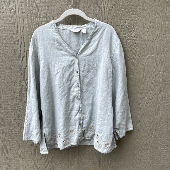 J Jill 100% Linen Blouse Large Petite Embroidered V-Neck ‎ Light Sage - Picture 1 of 8